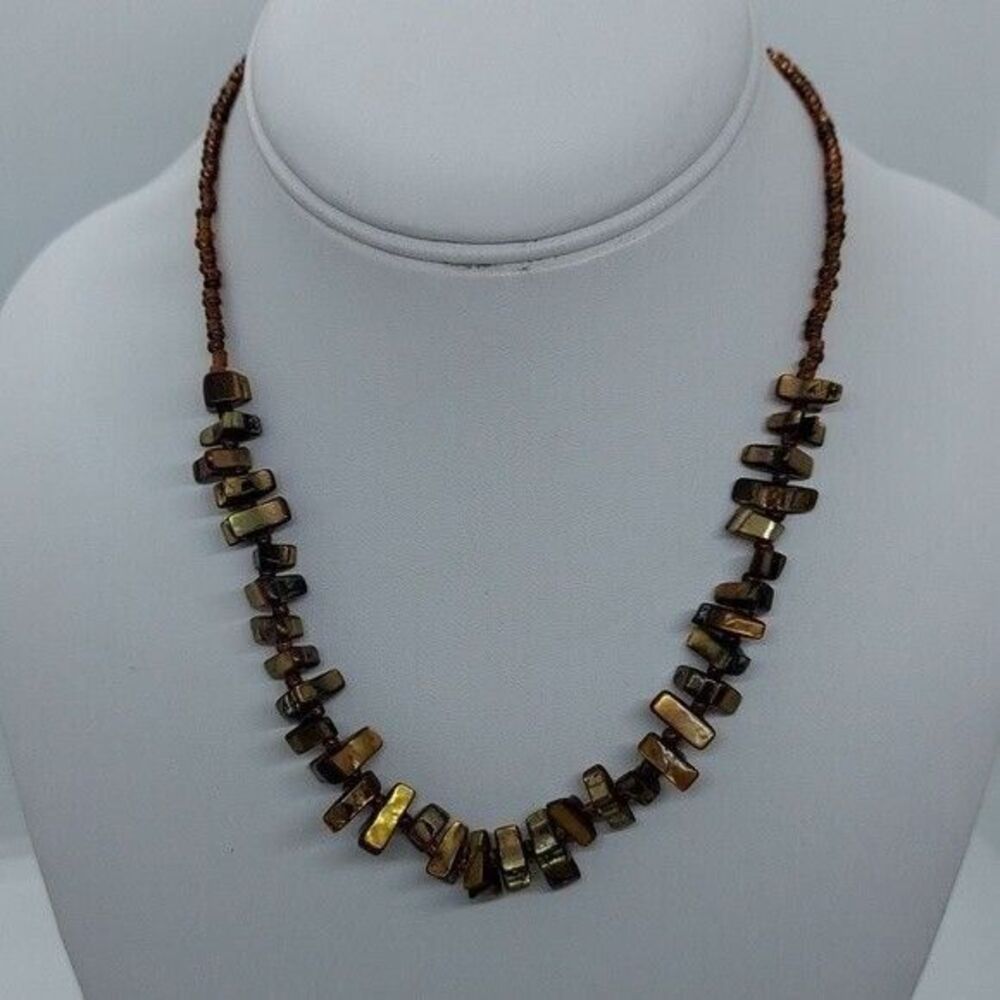 Brown dyed shell necklace with glass beads